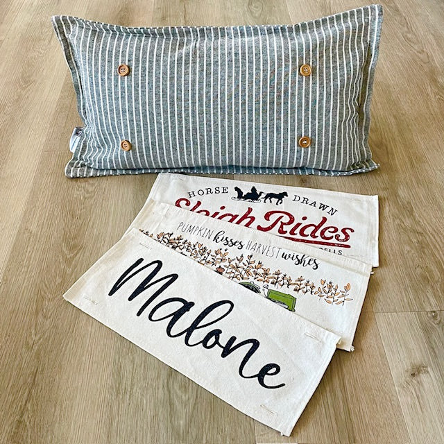 NEW! Custom FALL Wedding Gift Bundle:  3 seasons + CHARCOAL/GALVINIZED STRIPES pillow + custom last name panel & TRACTOR / SLEIGH RIDES / CUSTOM LAST NAME PANEL