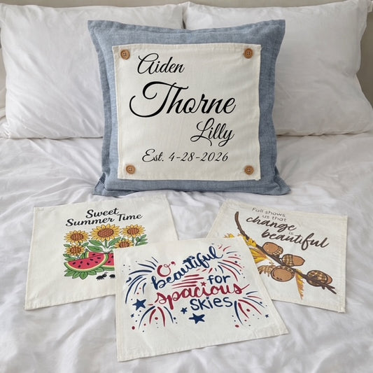 NEW! SQUARE SUMMER/FALL WEDDING BUNDLE:  3 seasons + CHARCOAL pillow: SWEET SUMMER TIME, SPACIOUS SKIES, ACORN BRANCH, CUSTOM PANEL