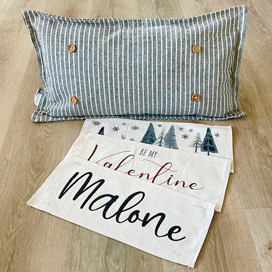 NEW! Custom WINTER Wedding Gift Bundle:  3 seasons + CHARCOAL/GALVINIZED STRIPES pillow + custom last name panel & BE MY VALENTINE / DEER / CUSTOM LAST NAME PANEL