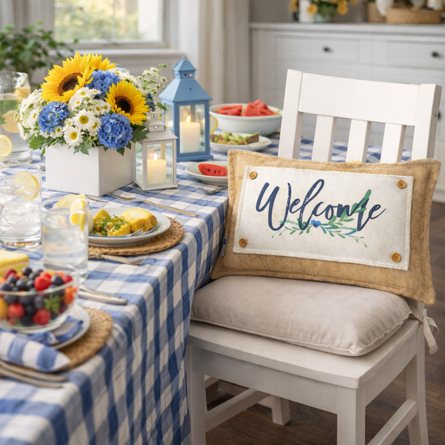 NEW! RECTANGLE SUMMER/FALL BUNDLE:  3 seasons + BURLAP pillow:  LIFE IS SWEET, BARN QUILT, NEW WELCOME