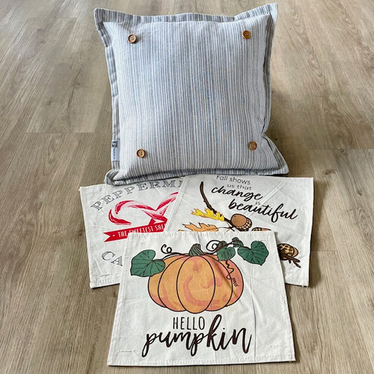 NEW! SQUARE BUNDLE SET: TICKING STRIPES PILLOW (comes with foam insert and these 3 panels in back pocket); Winter Fall Autumn: HELLO PUMPKIN, ACORN BRANCH, CANDY CANES