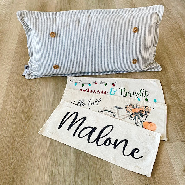 NEW! Custom FALL Wedding Gift Bundle:  GRAY TICKING STRIPE pillow + custom last name, FALL BIKE / MERRY & BRIGHT / CUSTOM PANEL
