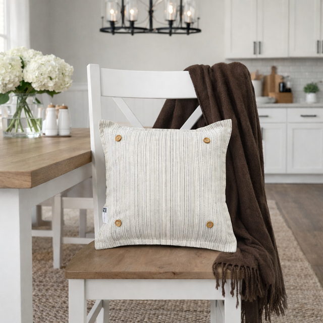 PILLOW ONLY: SQUARE Ticking Stripes Pillow;  CREAM/BLACK/TAN TICKING STRIPES PILLOW (with insert)