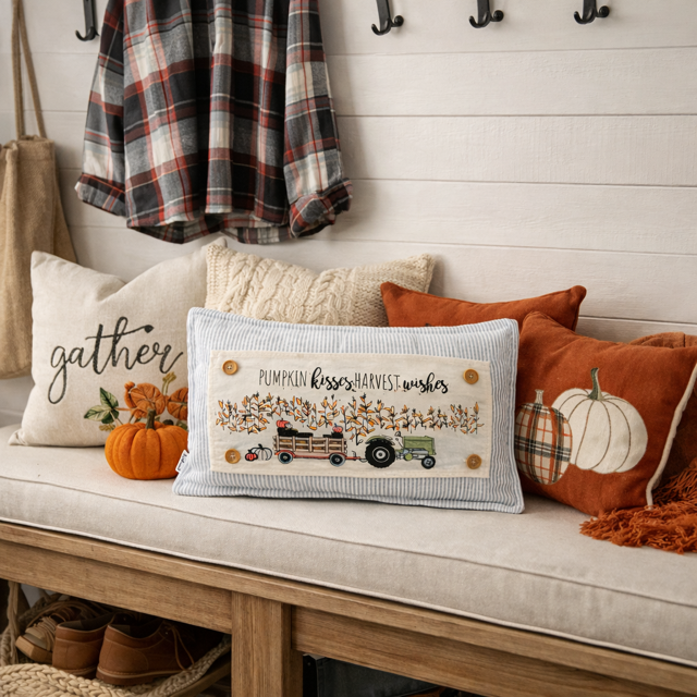 PANEL ONLY: RECTANGLE Autumn Fall Leaf Leaves White Pumpkin Patch Farm Hay Wagon CORN FIELD TRACTOR