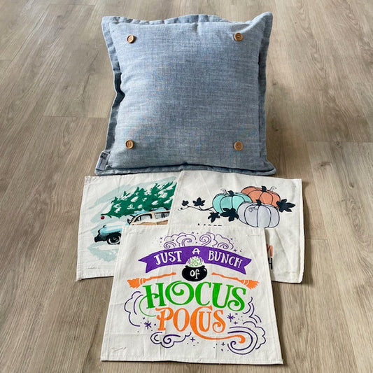 NEW! SQUARE BUNDLE SET: Charcoal Gray Solid Pillow (comes with foam insert and these 3 panels in back pocket); Winter Spring Summer Fall Autumn:  HOCUS POCUS, PUMPKIN PATCH, STATIONWAGON