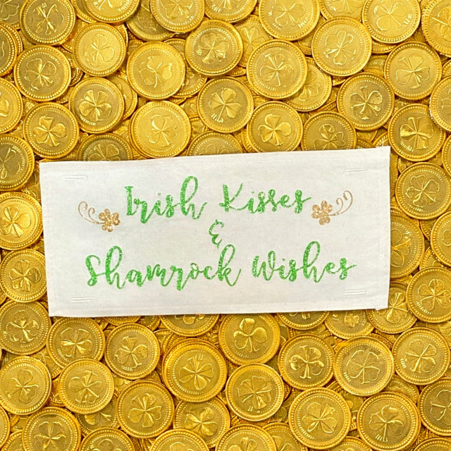 GLITTER PANEL ONLY: RECTANGLE Irish Kisses & Shamrock Wishes; Spring St. Saint Patrick's Day for throw pillow, GOLD CLOVER IRISH KISSES