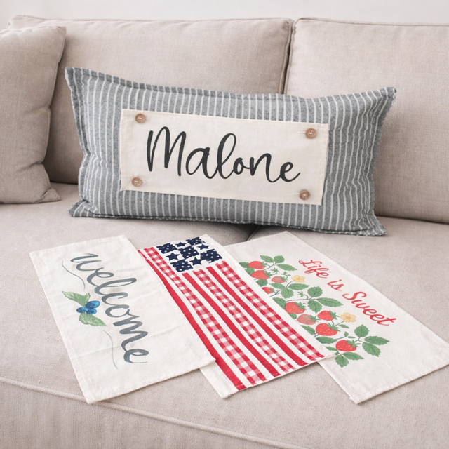 NEW! RECTANGLE SUMMER/FALL WEDDING BUNDLE:  3 seasons + CHARCOAL REC. pillow:  LIFE IS SWEET, BARN QUILT, NEW WELCOME, CUSTOM PANEL