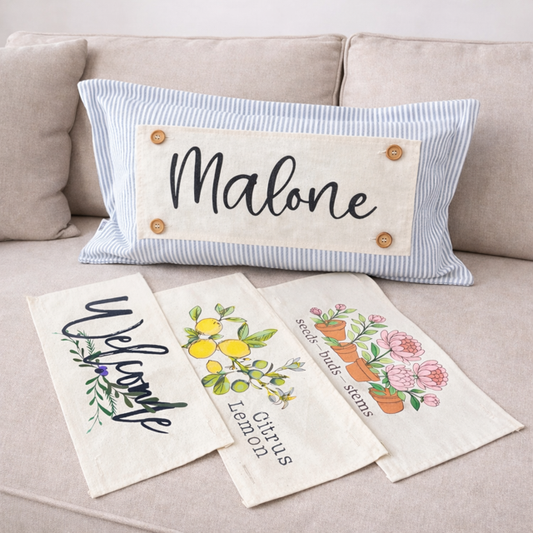 NEW! RECTANGLE SUMMER/FALL WEDDING BUNDLE:  3 seasons + TICKING STRIPES pillow:  PEONIES, CITRUS LEMON, OLD WELCOME, CUSTOM PANEL