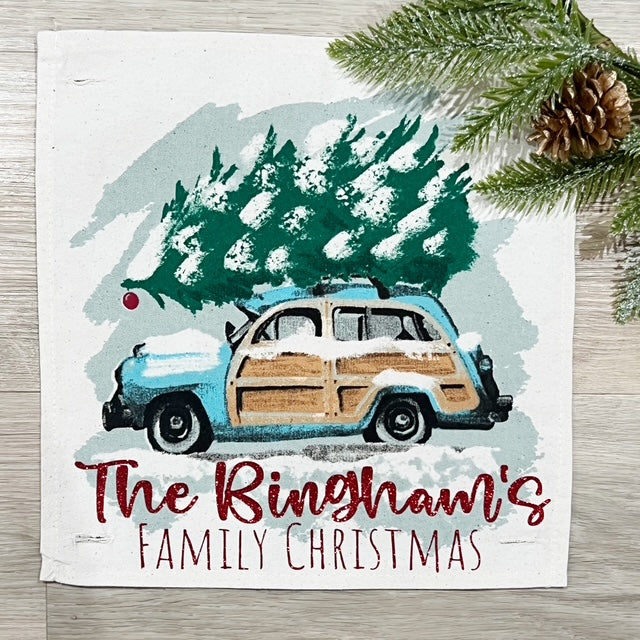 GIFT GUIDE:  FOR THE TRADITIONAL CHRISTMAS MOVIE LOVERS!   SQUARE GIFT SET: PERSONALIZED GLITTER CHRISTMAS TREE STATIONWAGON AND SQUARE CHARCOAL PILLOW