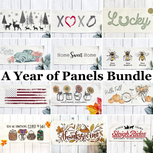 Bundle Deal: RECTANGLE Year of Panels Bundle (12 pack) SAVE!!!: DEER, XOXO, LUCKY, EASTER TRUCK, HOME SWEET HOME, 3 BEES, OLD GLORY, SUNFLOWERS, FALL BIKE, CANDY JARS, THANKSGIVNG PIE, SLEIGH RIDES