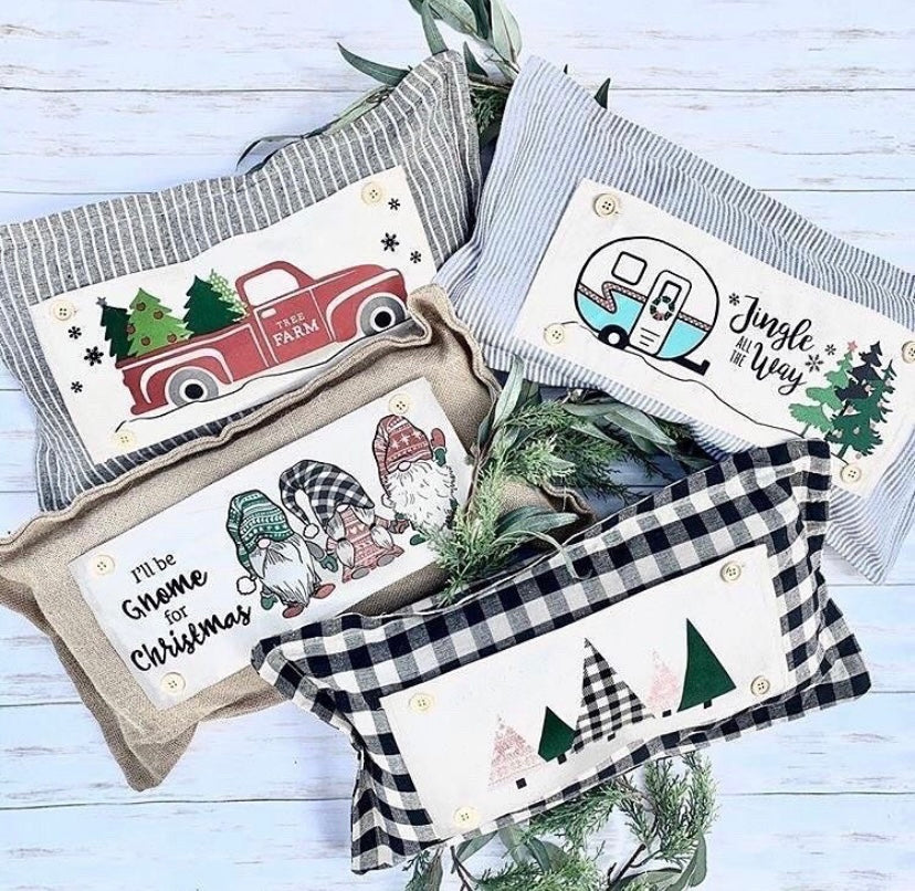 Custom Wedding Gift Bundle:  3 seasons + GINGHAM/BUFFALO CHECK pillow + custom last name panel: 3 BEES BEE KIND / SUNFLOWER JARS / VINTAGE CHRISTMAS TREE TRUCK /CUSTOM LAST NAME PANEL