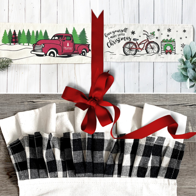 GIFT GUIDE:  FOR THOSE THAT COORDINATE THE PARTY!    GIFT PARTY PACKAGE BUNDLE: Holiday Pillow Cover Panel Christmas Winter: Runner Combo VINTAGE CHRISTMAS BIKE / RED TRUCK + BUFFALO CHECK RUNNER