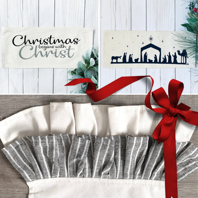 NEW!  GLITTER GIFT PARTY PACKAGE BUNDLE: Holiday Pillow Cover Panel Christmas Winter: Runner Combo GLITTER CHRISTMAS BEGINS WITH CHRIST / NATIVITY SILOUETTE + CHARCOAL/GREY STRIPES TRABLE RUNNER