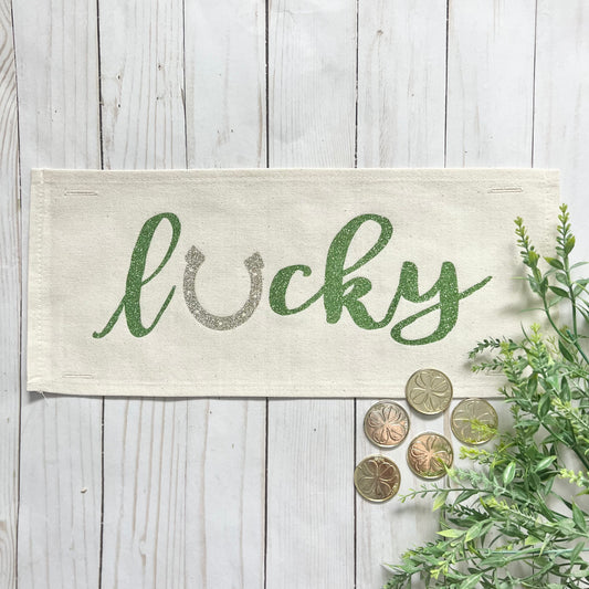 Rectangle Glitter Holiday Panel: Lucky, Spring, March Word Green and Gold, St Saint Patricks Day Leprechauns, RECTANGLE GLITTER LUCKY