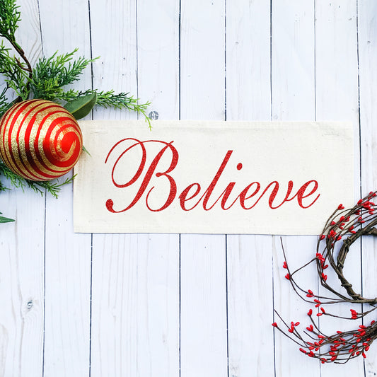 Glitter Holiday Panel: Winter, Christmas; CURSIVE SCROLL RED BELIEVE