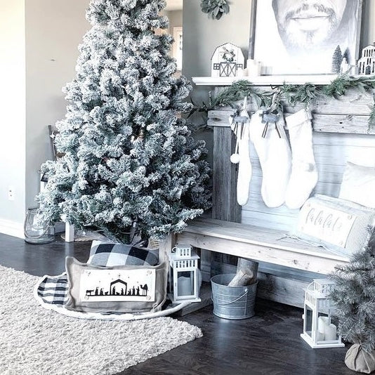 NEW!  GLITTER GIFT PARTY PACKAGE BUNDLE: Holiday Pillow Cover Panel Christmas Winter: Runner Combo GLITTER CHRISTMAS BEGINS WITH CHRIST / NATIVITY SILOUETTE + CHARCOAL/GREY STRIPES TRABLE RUNNER