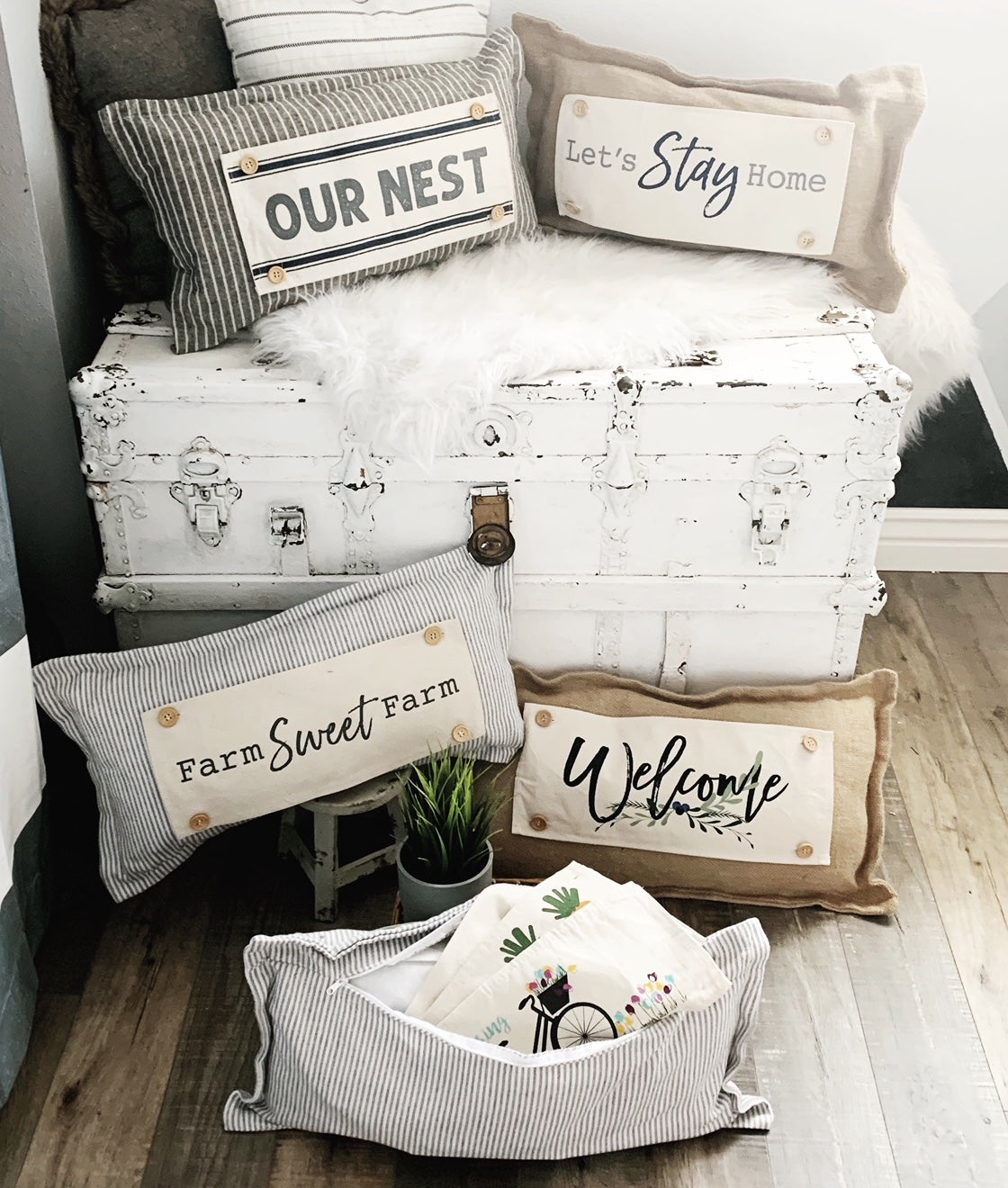 SEASONAL BUNDLE SET: Gray/White Ticking Stripes Pillow (comes with foam insert and these 4 panels in back pocket); Winter Spring Summer Fall Autumn:  THANKFUL PUMPKINS, DEER, BUNNY HOP EASTER, HOME SWEET HIVE BEE