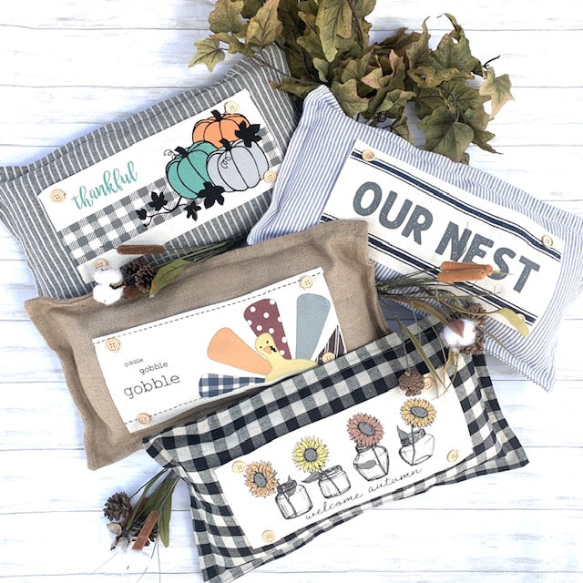 SEASONAL BUNDLE SET: Burlap Idaho Potato Farm Sack Bag Pillow  (comes with insert and these 4 panels inside back pocket); Winter Spring Summer Fall Autumn: DEER, BUNNY HOP EASTER, HOME SWEET HIVE BEE, THANKFUL PUMPKINS,